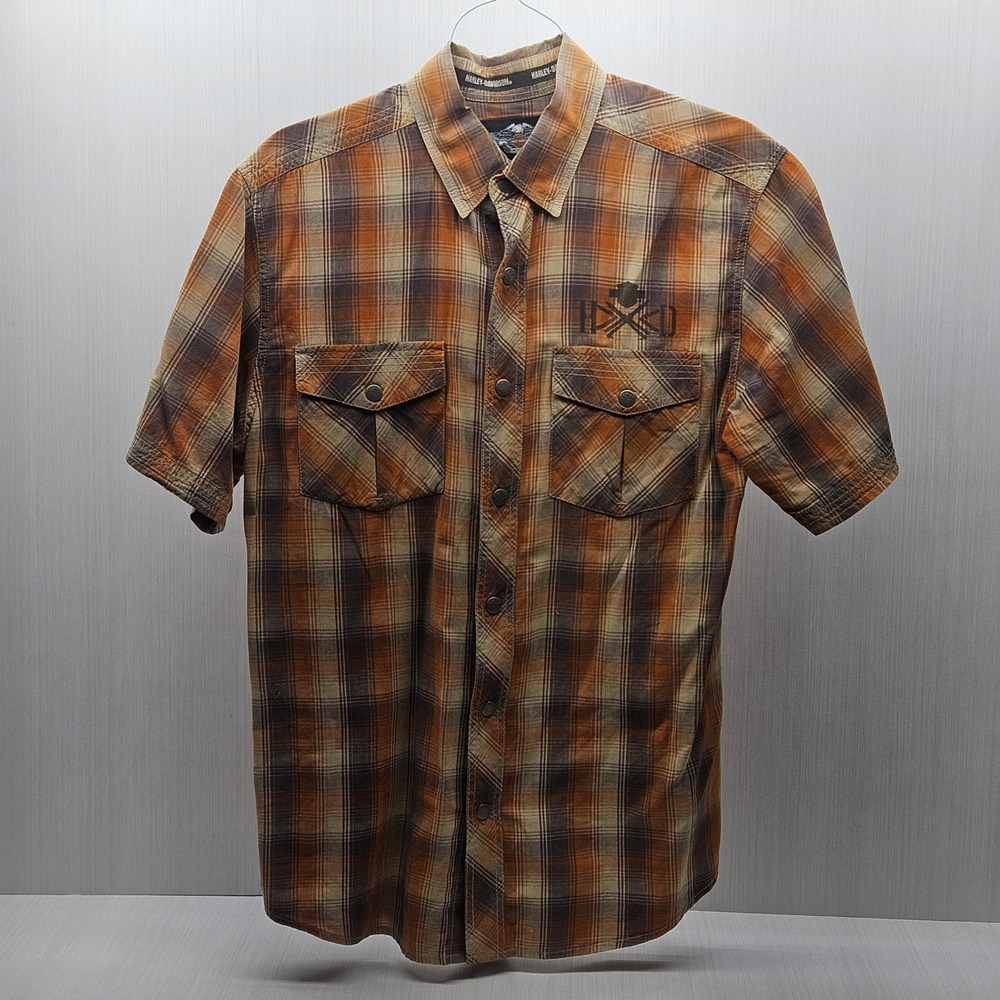 Harley-Davidson Mens Plaid Short Sleeve Snap Button Shirt Orange Brown Medium